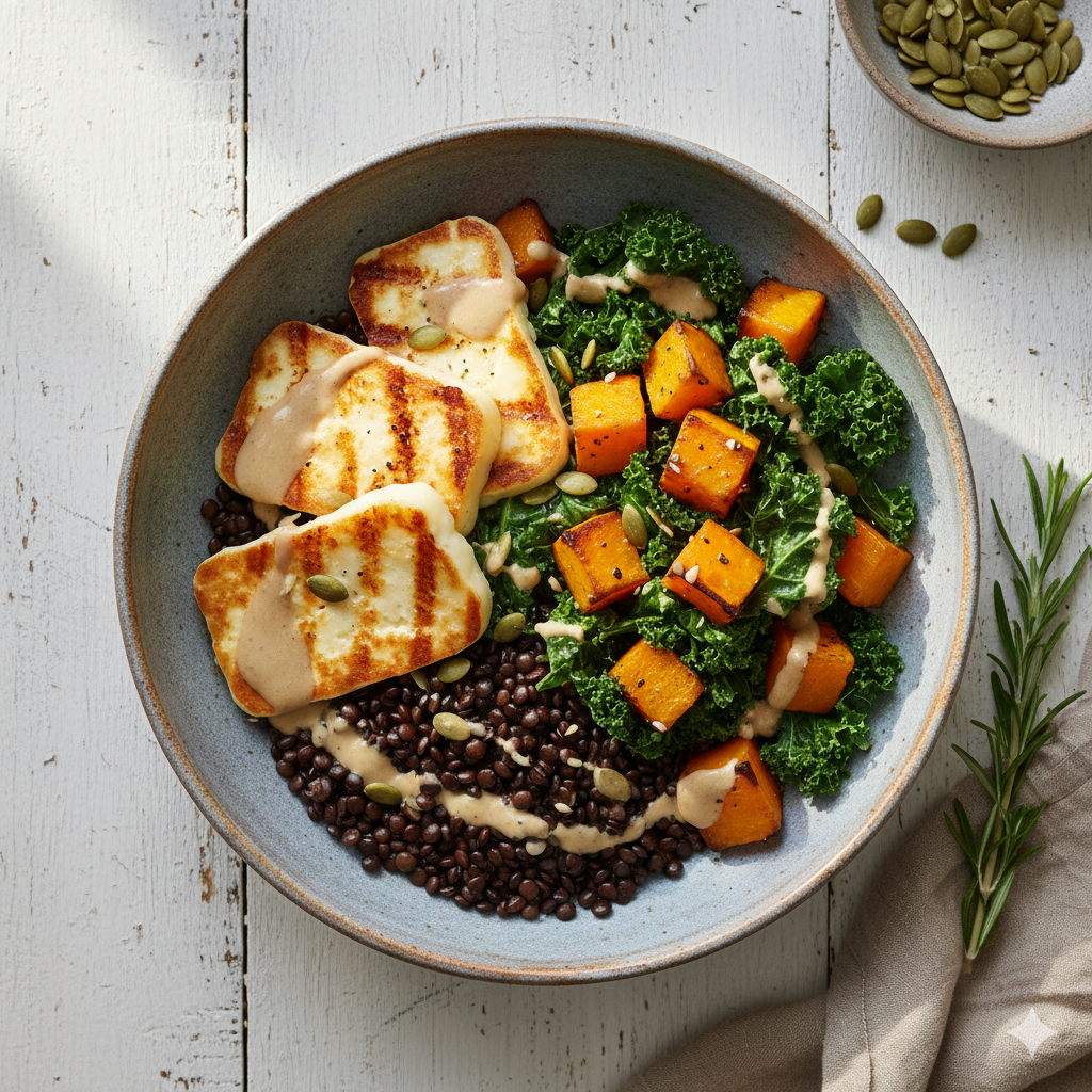 Mieux manger pendant la périménopause : Bowl d'hiver aux Lentilles Beluga, Halloumi grillé et Courge Rôtie